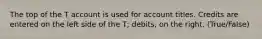 The top of the T account is used for account titles. Credits are entered on the left side of the T; debits, on the right. (True/False)