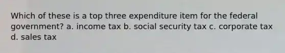 Which of these is a top three expenditure item for the federal government? a. income tax b. social security tax c. corporate tax d. sales tax