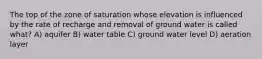 The top of the zone of saturation whose elevation is influenced by the rate of recharge and removal of ground water is called what? A) aquifer B) water table C) ground water level D) aeration layer