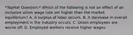 *TopHat Question:* Which of the following is not an effect of an inclusive union wage rate set higher than the market equilibrium? A. A surplus of labor occurs. B. A decrease in overall employment in the industry occurs. C. Union employees are worse off. D. Employed workers receive higher wages.