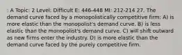 : A Topic: 2 Level: Difficult E: 446-448 MI: 212-214 27. The demand curve faced by a monopolistically competitive firm: A) is more elastic than the monopolist's demand curve. B) is less elastic than the monopolist's demand curve. C) will shift outward as new firms enter the industry. D) is more elastic than the demand curve faced by the purely competitive firm.