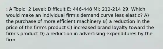 : A Topic: 2 Level: Difficult E: 446-448 MI: 212-214 29. Which would make an individual firm's demand curve less elastic? A) the purchase of more efficient machinery B) a reduction in the price of the firm's product C) increased brand loyalty toward the firm's product D) a reduction in advertising expenditures by the firm