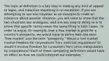 The topic of definition is a key step in making any kind of appeal to logos, and inductive reasoning is no exception. If you are attempting to use one situation as an example to make an inference about another situation, you will need to show that the two situations are analogous, and one key step to doing so is to prove that specific terms mean the same thing in both cases. "In order to argue, for example, that a free market is good for a country's prosperity, we would have to define both the term "free market" and the term "prosperity." Would a free market involve freedom for corporations from antitrust regulations? Or would it involve freedom for consumers from price manipulation by corporations? Each of these competing definitions would have an effect on how we could interpret our examples."