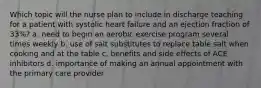 Which topic will the nurse plan to include in discharge teaching for a patient with systolic heart failure and an ejection fraction of 33%? a. need to begin an aerobic exercise program several times weekly b. use of salt substitutes to replace table salt when cooking and at the table c. benefits and side effects of ACE inhibitors d. importance of making an annual appointment with the primary care provider