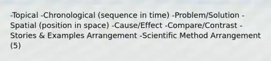 -Topical -Chronological (sequence in time) -Problem/Solution -Spatial (position in space) -Cause/Effect -Compare/Contrast -Stories & Examples Arrangement -Scientific Method Arrangement (5)