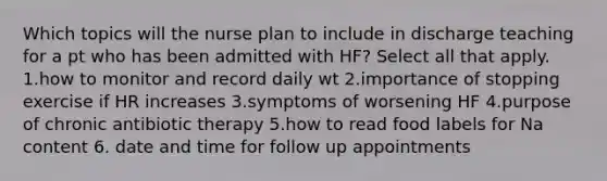 Which topics will the nurse plan to include in discharge teaching for a pt who has been admitted with HF? Select all that apply. 1.how to monitor and record daily wt 2.importance of stopping exercise if HR increases 3.symptoms of worsening HF 4.purpose of chronic antibiotic therapy 5.how to read food labels for Na content 6. date and time for follow up appointments