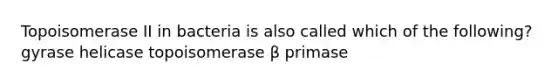 Topoisomerase II in bacteria is also called which of the following? gyrase helicase topoisomerase β primase