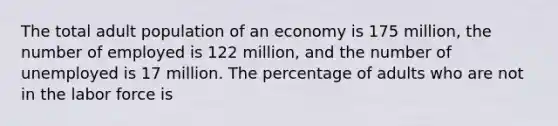 The total adult population of an economy is 175 million, the number of employed is 122 million, and the number of unemployed is 17 million. The percentage of adults who are not in the labor force is