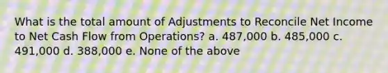 What is the total amount of Adjustments to Reconcile Net Income to Net Cash Flow from Operations? a. 487,000 b. 485,000 c. 491,000 d. 388,000 e. None of the above