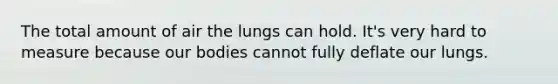 The total amount of air the lungs can hold. It's very hard to measure because our bodies cannot fully deflate our lungs.