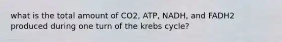 what is the total amount of CO2, ATP, NADH, and FADH2 produced during one turn of the <a href='https://www.questionai.com/knowledge/kqfW58SNl2-krebs-cycle' class='anchor-knowledge'>krebs cycle</a>?