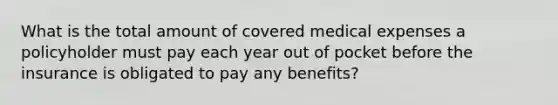 What is the total amount of covered medical expenses a policyholder must pay each year out of pocket before the insurance is obligated to pay any benefits?