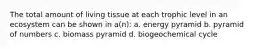 The total amount of living tissue at each trophic level in an ecosystem can be shown in a(n): a. energy pyramid b. pyramid of numbers c. biomass pyramid d. biogeochemical cycle