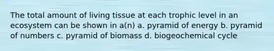 The total amount of living tissue at each trophic level in an ecosystem can be shown in a(n) a. pyramid of energy b. pyramid of numbers c. pyramid of biomass d. biogeochemical cycle