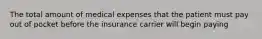 The total amount of medical expenses that the patient must pay out of pocket before the insurance carrier will begin paying