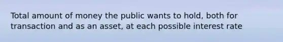 Total amount of money the public wants to hold, both for transaction and as an asset, at each possible interest rate