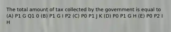 The total amount of tax collected by the government is equal to (A) P1 G Q1 0 (B) P1 G I P2 (C) P0 P1 J K (D) P0 P1 G H (E) P0 P2 I H