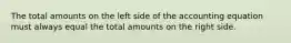 The total amounts on the left side of the accounting equation must always equal the total amounts on the right side.