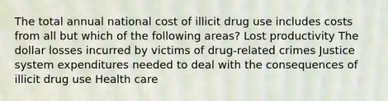 The total annual national cost of illicit drug use includes costs from all but which of the following areas? Lost productivity The dollar losses incurred by victims of drug-related crimes Justice system expenditures needed to deal with the consequences of illicit drug use Health care