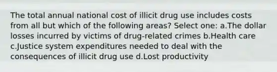 The total annual national cost of illicit drug use includes costs from all but which of the following areas? Select one: a.The dollar losses incurred by victims of drug-related crimes b.Health care c.Justice system expenditures needed to deal with the consequences of illicit drug use d.Lost productivity