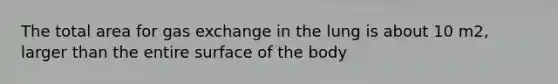 The total area for gas exchange in the lung is about 10 m2, larger than the entire surface of the body