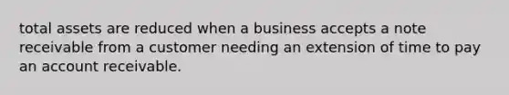 total assets are reduced when a business accepts a note receivable from a customer needing an extension of time to pay an account receivable.