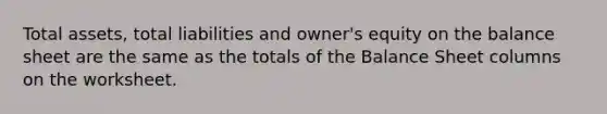 Total assets, total liabilities and owner's equity on the balance sheet are the same as the totals of the Balance Sheet columns on the worksheet.