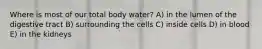 Where is most of our total body water? A) in the lumen of the digestive tract B) surrounding the cells C) inside cells D) in blood E) in the kidneys