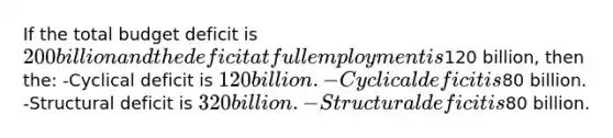 If the total budget deficit is 200 billion and the deficit at full employment is120 billion, then the: -Cyclical deficit is 120 billion. -Cyclical deficit is80 billion. -Structural deficit is 320 billion. -Structural deficit is80 billion.