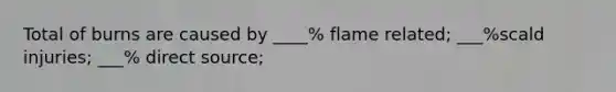 Total of burns are caused by ____% flame related; ___%scald injuries; ___% direct source;