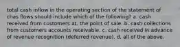 total cash inflow in the operating section of the statement of chas flows should include which of the following? a. cash received from customers at. the point of sale. b. cash collections from customers accounts receivable. c. cash received in advance of revenue recognition (deferred revenue). d. all of the above.