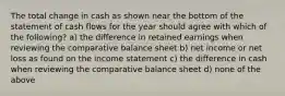 The total change in cash as shown near the bottom of the statement of cash flows for the year should agree with which of the following? a) the difference in retained earnings when reviewing the comparative balance sheet b) net income or net loss as found on the income statement c) the difference in cash when reviewing the comparative balance sheet d) none of the above