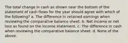 The total change in cash as shown near the bottom of the statement of cash flows for the year should agree with which of the following? a. The difference in retained earnings when reviewing the comparative balance sheet. b. Net income or net loss as found on the income statement. c. The difference in cash when reviewing the comparative balance sheet. d. None of the above.