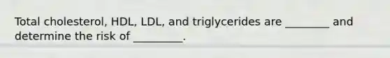 Total cholesterol, HDL, LDL, and triglycerides are ________ and determine the risk of _________.