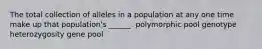 The total collection of alleles in a population at any one time make up that population's ______. polymorphic pool genotype heterozygosity gene pool