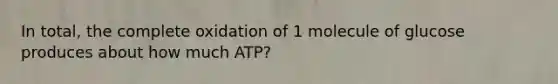 In total, the complete oxidation of 1 molecule of glucose produces about how much ATP?