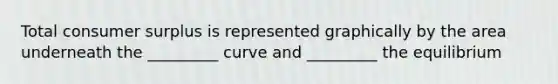 Total consumer surplus is represented graphically by the area underneath the _________ curve and _________ the equilibrium