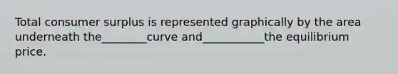 Total consumer surplus is represented graphically by the area underneath the________curve and___________the equilibrium price.
