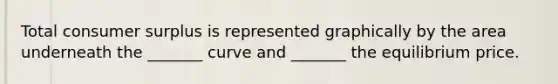 Total consumer surplus is represented graphically by the area underneath the _______ curve and _______ the equilibrium price.