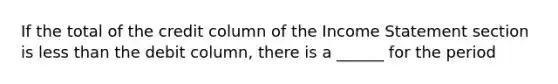 If the total of the credit column of the Income Statement section is less than the debit column, there is a ______ for the period