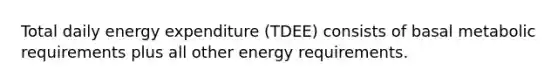 Total daily energy expenditure (TDEE) consists of basal metabolic requirements plus all other energy requirements.