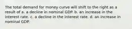 The total demand for money curve will shift to the right as a result of a. a decline in nominal GDP. b. an increase in the interest rate. c. a decline in the interest rate. d. an increase in nominal GDP.