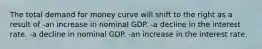 The total demand for money curve will shift to the right as a result of -an increase in nominal GDP. -a decline in the interest rate. -a decline in nominal GDP. -an increase in the interest rate.