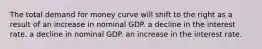 The total demand for money curve will shift to the right as a result of an increase in nominal GDP. a decline in the interest rate. a decline in nominal GDP. an increase in the interest rate.