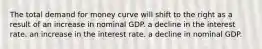 The total demand for money curve will shift to the right as a result of an increase in nominal GDP. a decline in the interest rate. an increase in the interest rate. a decline in nominal GDP.