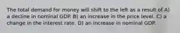 The total demand for money will shift to the left as a result of A) a decline in nominal GDP. B) an increase in the price level. C) a change in the interest rate. D) an increase in nominal GDP.