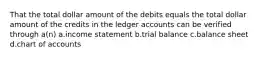 That the total dollar amount of the debits equals the total dollar amount of the credits in the ledger accounts can be verified through a(n) a.income statement b.trial balance c.balance sheet d.chart of accounts