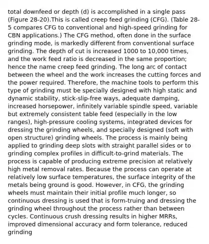 total downfeed or depth (d) is accomplished in a single pass (Figure 28-20).This is called creep feed grinding (CFG). (Table 28-5 compares CFG to conventional and high-speed grinding for CBN applications.) The CFG method, often done in the surface grinding mode, is markedly different from conventional surface grinding. The depth of cut is increased 1000 to 10,000 times, and the work feed ratio is decreased in the same proportion; hence the name creep feed grinding. The long arc of contact between the wheel and the work increases the cutting forces and the power required. Therefore, the machine tools to perform this type of grinding must be specially designed with high static and dynamic stability, stick-slip-free ways, adequate damping, increased horsepower, infinitely variable spindle speed, variable but extremely consistent table feed (especially in the low ranges), high-pressure cooling systems, integrated devices for dressing the grinding wheels, and specially designed (soft with open structure) grinding wheels. The process is mainly being applied to grinding deep slots with straight parallel sides or to grinding complex profiles in difficult-to-grind materials. The process is capable of producing extreme precision at relatively high metal removal rates. Because the process can operate at relatively low surface temperatures, the surface integrity of the metals being ground is good. However, in CFG, the grinding wheels must maintain their initial profile much longer, so continuous dressing is used that is form-truing and dressing the grinding wheel throughout the process rather than between cycles. Continuous crush dressing results in higher MRRs, improved dimensional accuracy and form tolerance, reduced grinding