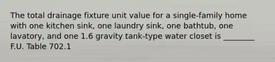 The total drainage fixture unit value for a single-family home with one kitchen sink, one laundry sink, one bathtub, one lavatory, and one 1.6 gravity tank-type water closet is ________ F.U. Table 702.1