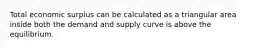 Total economic surplus can be calculated as a triangular area inside both the demand and supply curve is above the equilibrium.